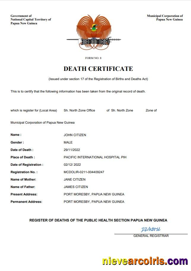 Papua New Guinea vital record death certificate